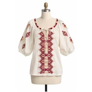 Solitaire Anthro Style XL Embroidered Boho Peasant Top Puff Sleeve Folk Blouse